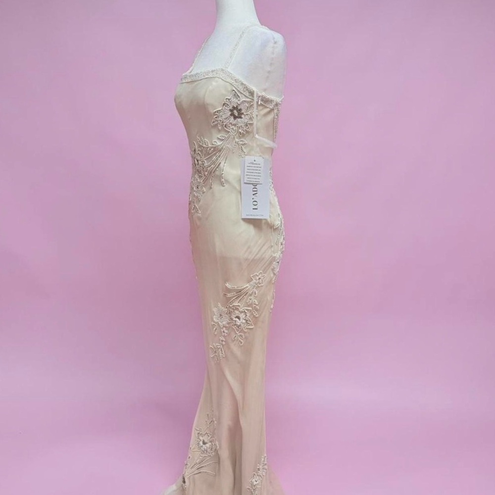 Lo Adoro Elegant Champagne/Sand Colored Embroidered Spaghetti-Strap Gown - Picture 3 of 10